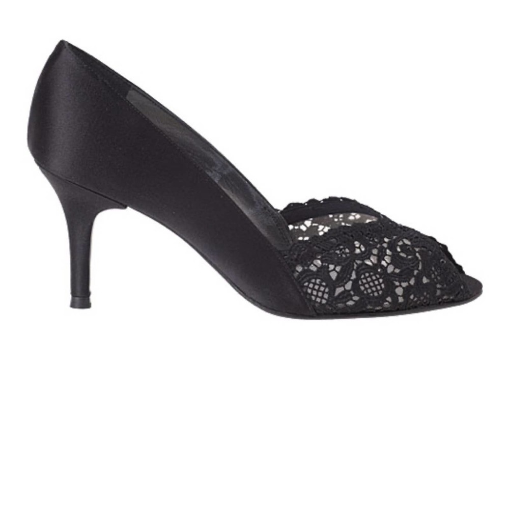 Stuart Weitzman Black Lace Peep Toe Heels - Picture 2 of 12